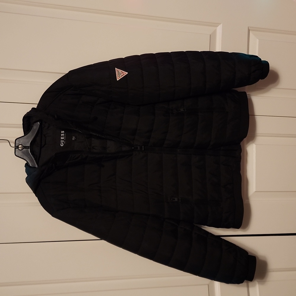 Mens Guess Hooded Puffer Jacket Black Large